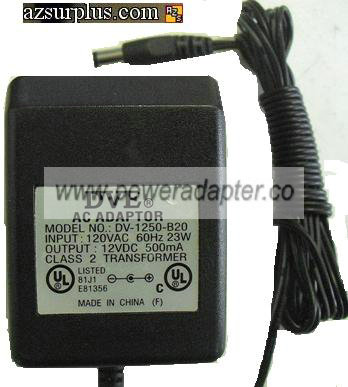 DVE DV-1250-B20 AC ADAPTER 12VDC 500mA DIRECT PLUG IN POWER SUPP