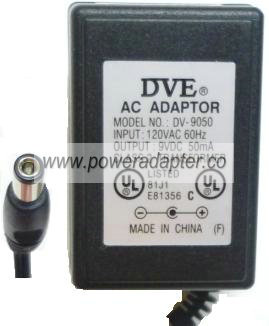 DVE DV-9050 AC ADAPTER 9VDC 50mA CLASS 2 TRANSFORMER - Click Image to Close