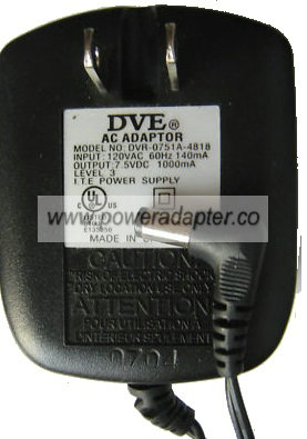 DVE DVR-0751A-4818 AC ADAPTER 7.5V DC 1000mA Used 2.5 x 5.5 x 9.
