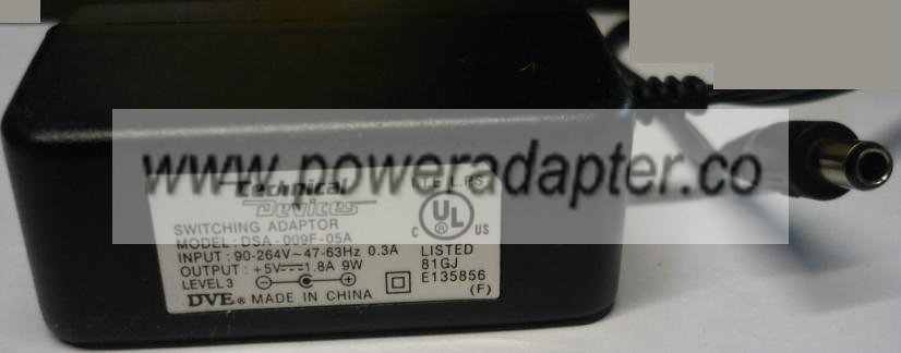 DVE DSA-009F-05A AC ADAPTER 5VDC 1.8A 9W SWITCHING ADAPTER - Click Image to Close