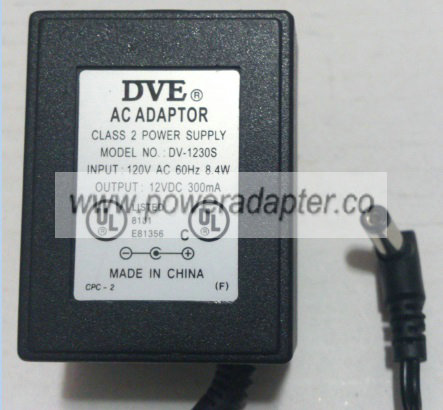DVE DV-1230S AC ADAPTER 12VDC 300mA -( )- 2x5.5x10mm 90 Degree - Click Image to Close