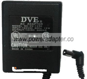 DVE DV-1250 AC ADAPTER 12V DC 500MA POWER SUPPLY - Click Image to Close