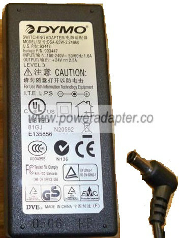 DYMO DSA-65W-2 24060 AC Adapter 24VDC 2.5A Label writer - Click Image to Close