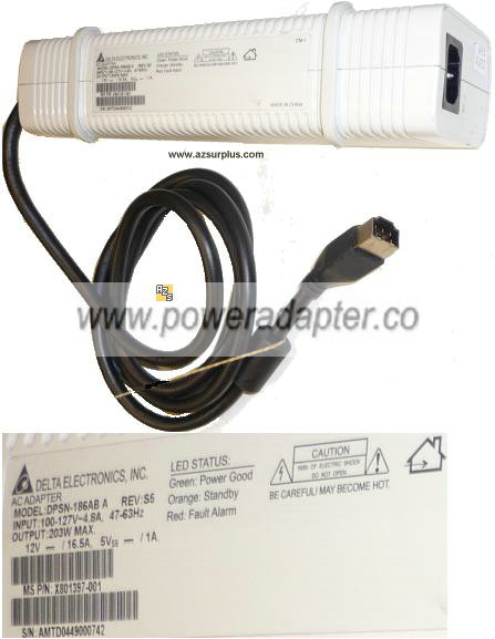 Microsoft DPSN-186AB A AC Adapter 12VDC 16.5A 5V 1A 6Pins 203W P - Click Image to Close