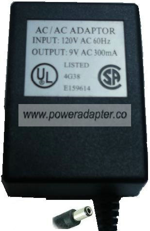 E159614 AC ADAPTER 9V DC 300mA DIRECT PLUG IN POWER SUPPLY