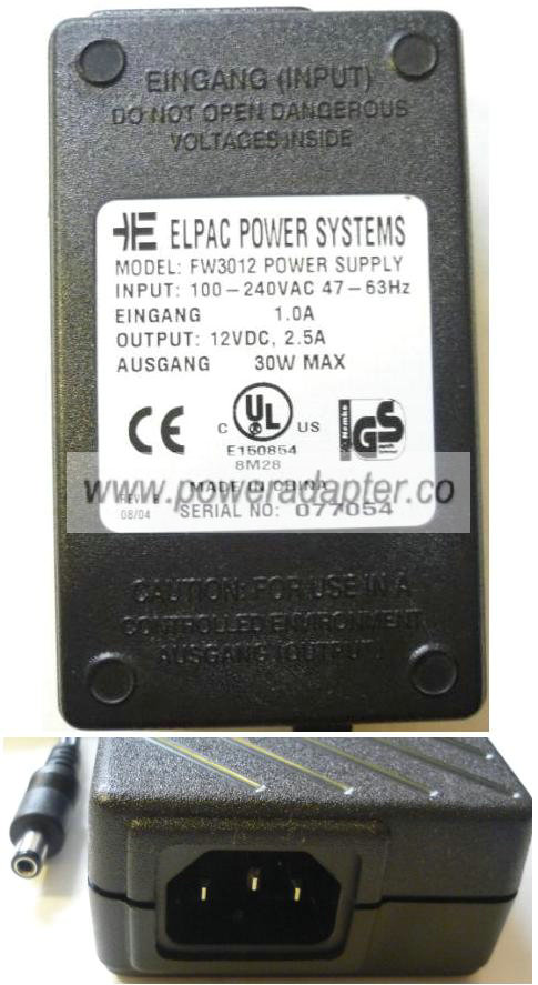 ELPAC POWER SYSTEM FW3012 AC ADAPTER 12V 2.5A - Click Image to Close