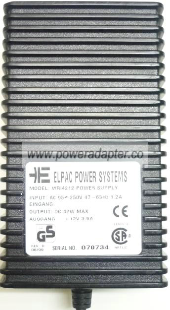 ELPAC WRI4212 AC ADAPTER 12VDC 3.5A 42W Switching POWER SUPPLY - Click Image to Close