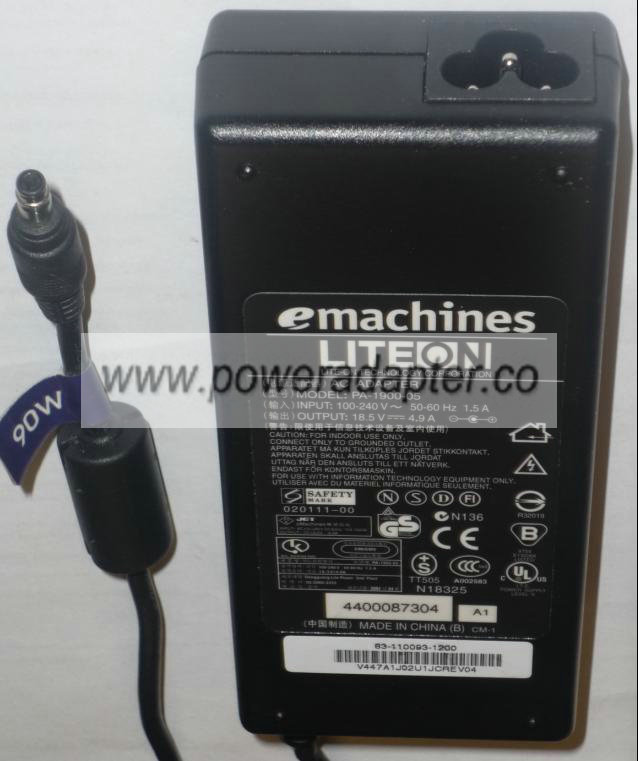 EMACHINES LITEON PA-1900-05 AC ADAPTER 18.5VDC 4.9A POWER SUPPLY - Click Image to Close