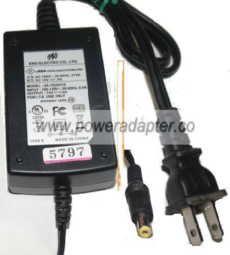 ENG 3A-152DU15 AC ADAPTER 15Vdc 1A -( ) 1.6x4.7mm ite power supp - Click Image to Close