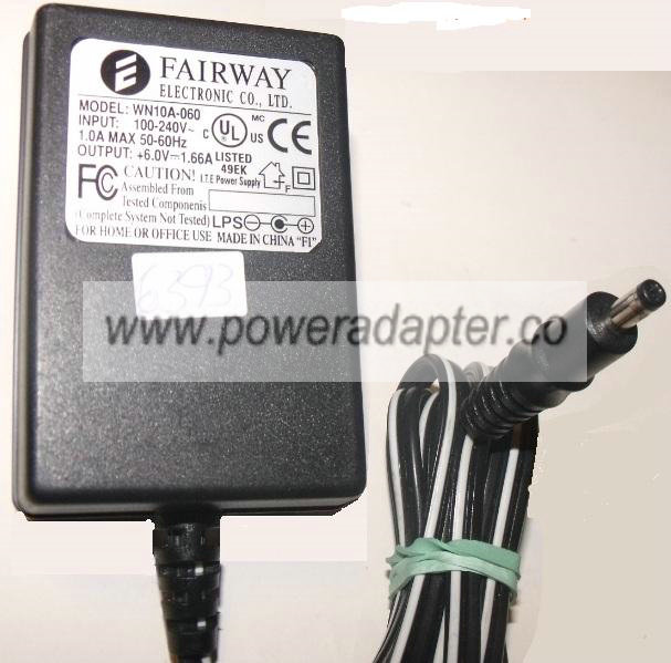 FAIRWAY WNA10A-060 AC ADAPTER 6V 1.66A - ---C--- Used 2 x 4 - Click Image to Close