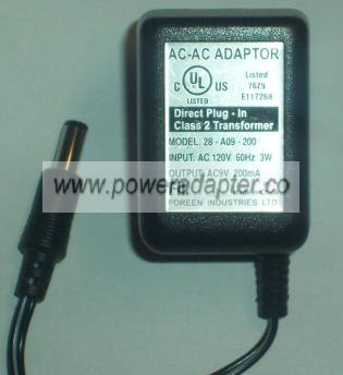 FOREEN INDUSTRIES LTD. 28-A09-200 AC ADAPTER 9V 200mA - Click Image to Close
