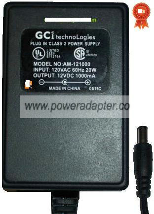 GCI TECHNOLOGIES AM-121000 AC ADAPTER 12VDC 1000mA 20W - Click Image to Close
