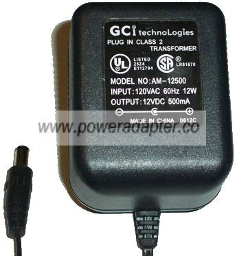 GCI TECHNOLOGIES AM-12500 AC ADAPTER 12VDC 500mA 12W POWER SUPP - Click Image to Close