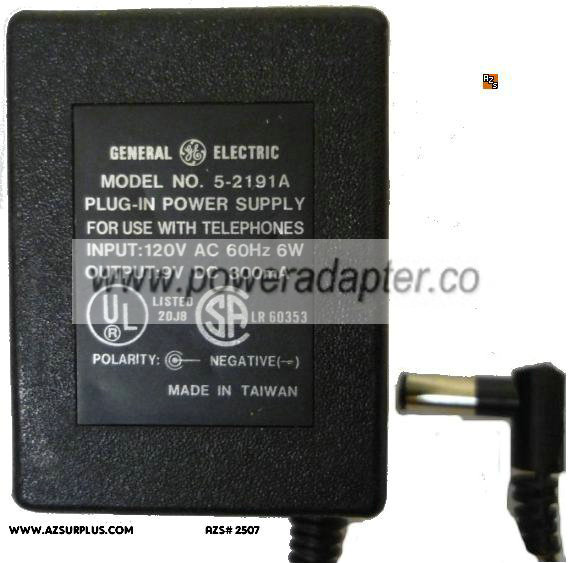 GE 5-2191A AC ADAPTER 9VDC 300MA POWER SUPPLY - Click Image to Close