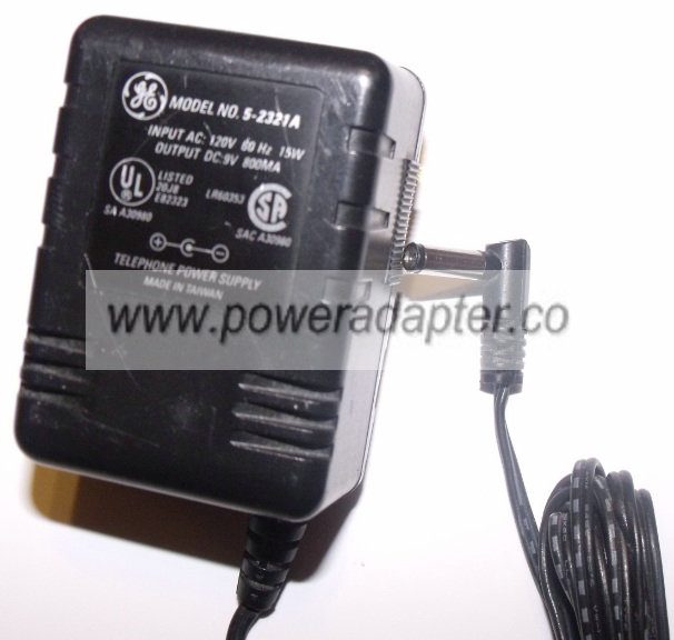 GE 5-2321A AC ADAPTER DC 9V 800mA 90 Degree Right Angle 1.5 x 5