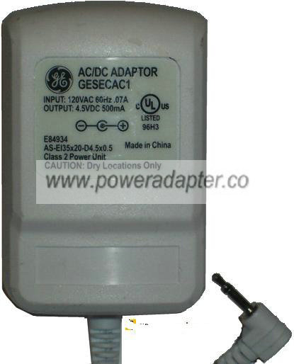 GE GESECAC1 AC ADAPTER 4.5VDC 500mA POWER SUPPLY - Click Image to Close