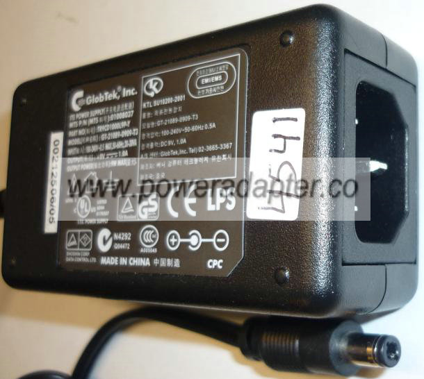 GLOBETEK GT-21089-0909-T3 AC ADAPTER 9VDC 1A 9W ITE POWER SUPPLY - Click Image to Close
