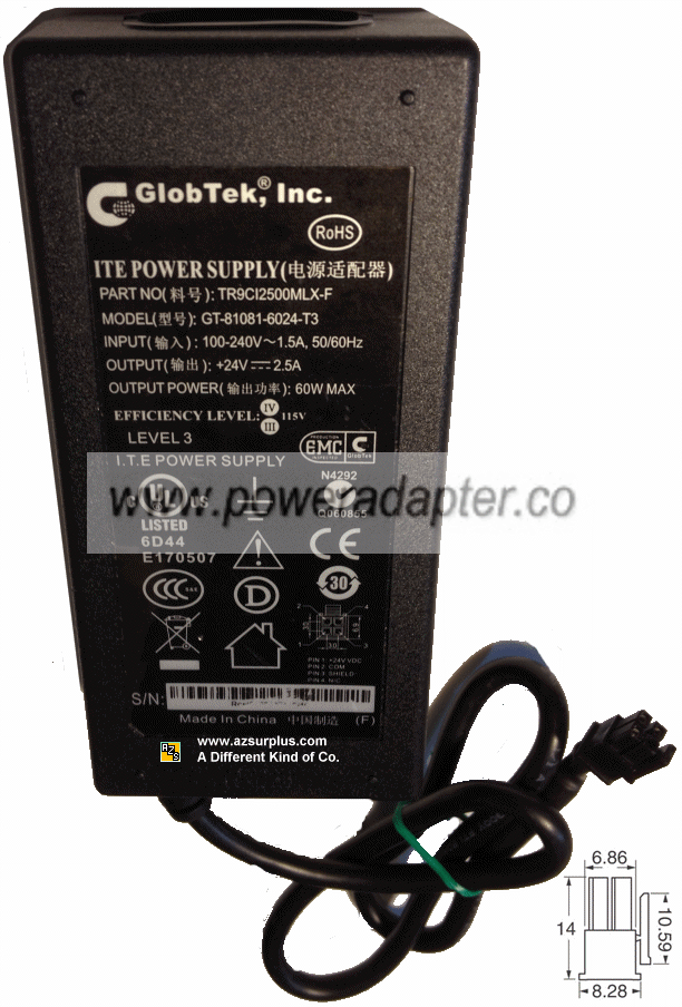 GLOBTEK TR9CI2500MLX-F AC ADAPTER 24VDC 2.5A NEW 4-PIN MOLEX