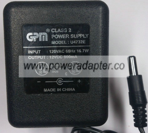 GPM U4732E AC ADAPTER 12VDC 800mA NEW -( )- 2x5.5mm 120VAC