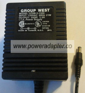 GROUP WEST 57DR-5-1500 AC ADAPTER 5V DC 1.5A POWER SUPPLY - Click Image to Close