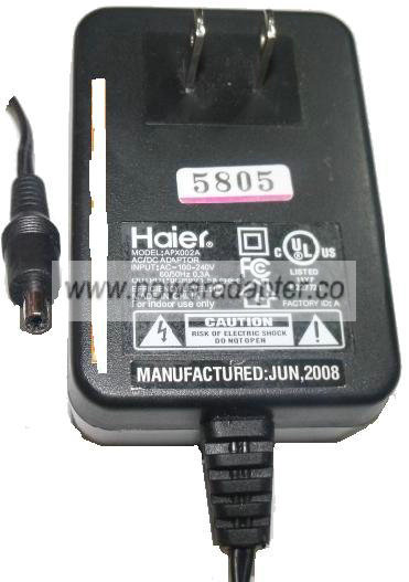 HAIER APX002A AC DC ADAPTER 9V 1.5A SWITCHING POWER SUPPLY
