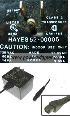 HAYES 52-00005 AC ADAPTER 13.5V 700mA CLASS 2 POWER SUPPLY
