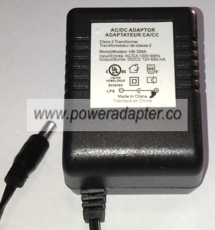 HB-308A AC ADAPTER 12VDC 600mA NEW 2x5.4x13mm Round Barrel -( ) - Click Image to Close