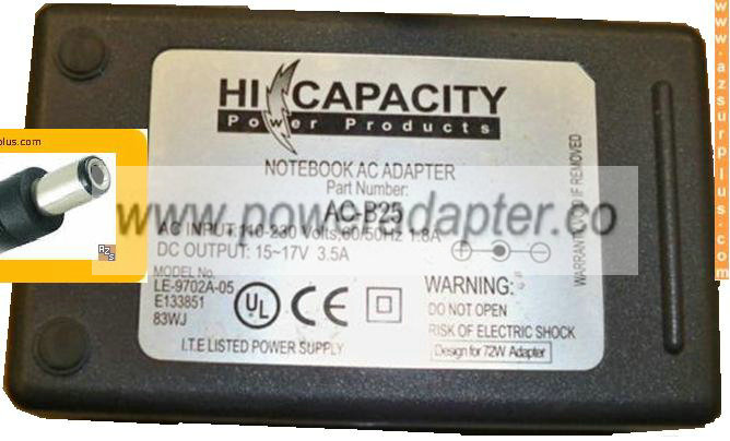 HI CAPACITY LE-9720A-05 AC ADAPTER 15-17Vdc 3.5A -( ) 2.5x5.5mm - Click Image to Close
