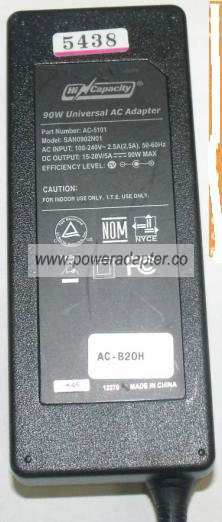 HI CAPACITY SAN0902N01 AC ADAPTER 15-20V 5A -( )- 3x6.5mm Used 9