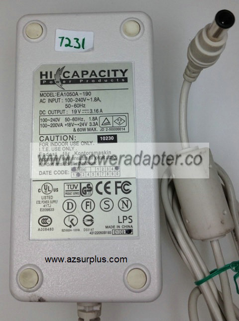 HI CAPACITY EA1050A-190 AC ADAPTER 19VDC 3.16A Used 5 x 6 x 11 - Click Image to Close