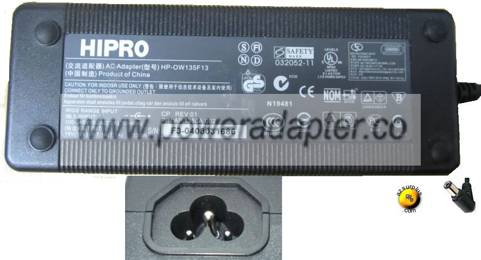 HIPRO HP-OW135F13 AC ADAPTER 19V 7.1A LAPTOP CHARGER POWER SUPPL - Click Image to Close