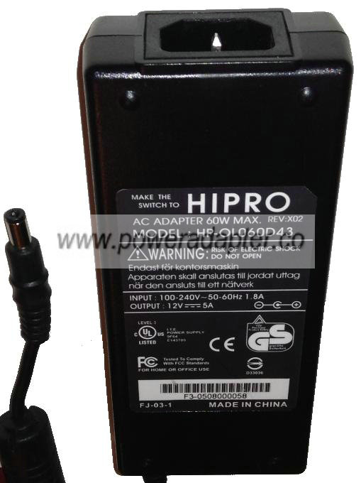 HIPRO HP-OL060D43 AC ADAPTER 12V DC 5A -( )- 1.7x4mm 110-240V Ne