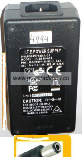 HK-B518-A24 AC ADAPTER 24Vdc 1A -( )- ITE POWER SUPPLY 0-1.0A
