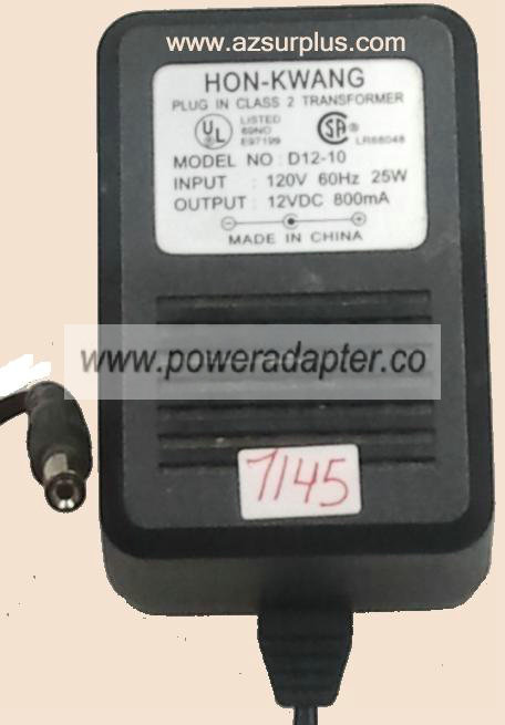 HON-KWANG D12-10 AC ADAPTER 12VDC 800mA PLUG IN CLASS 2 TRANSFOR - Click Image to Close