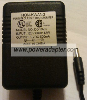 HON-KWANG D6-10-02 AC ADAPTER 9VDC 500mA CLASS 2 TRANSFORMER - Click Image to Close