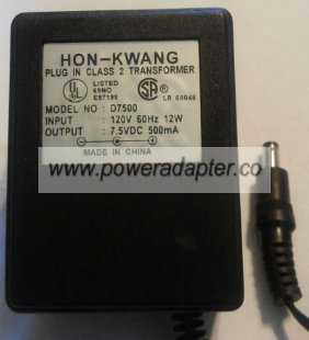 HON-KWANG D7500 AC ADAPTER 7.5V DC 500MA POWER SUPPLY