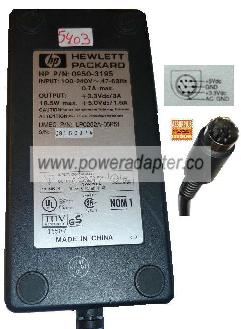 HP 0950-3195 AC ADAPTER 5VDC 3A 3.3VDC 1.6A 8Pin POWER SUPPLY - Click Image to Close