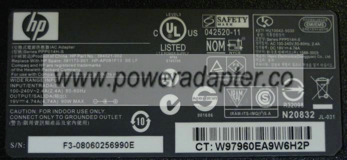 HP COMPAQ PPP014H-S AC ADAPTER 9V 1A 9W I.T.E POWER SUPPLY