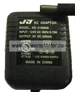 JY AD-4109600 AC ADAPTER 9V DC 600mA POWER SUPPLY Condition: Us - Click Image to Close