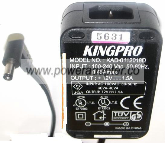 KINGPRO KAD-0112018D AC ADAPTER 12Vdc 1.5A POWER SUPPLY - Click Image to Close