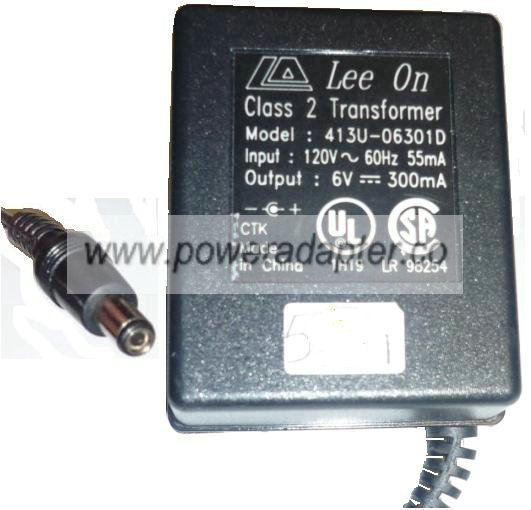 LEE ON 413U-06301D AC ADAPTER 6V 300mA CLASS 2 POWER SUPPLY - Click Image to Close