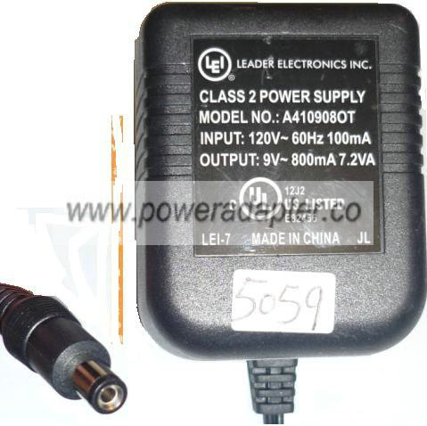 LEI A410908OT AC ADAPTER 9V 800mA CLASS 2 POWER SUPPLY - Click Image to Close