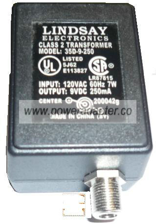 LINDSAY 35D-9-250 AC ADAPTER 9VDC 250mA DIRECT PLUG IN POWER SUP - Click Image to Close