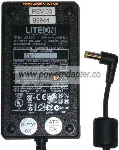 LITEON PA-1460-19AC AC ADAPTER 19VDC 2.4A POWER SUPPLY