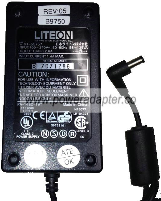 LITEON PA-1480-19T AC ADAPTER (1.7x5.5) -( )- 19VDC 2.6A NEW 1.