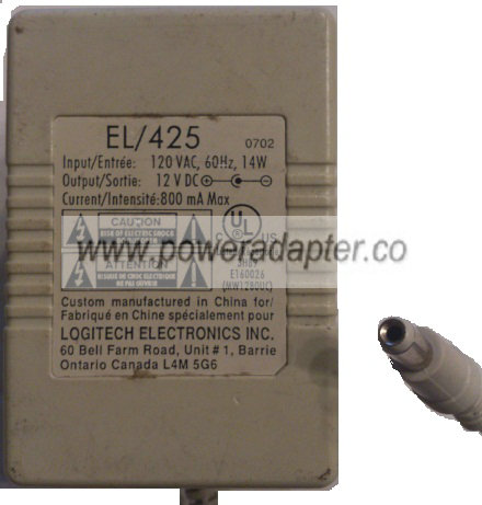 LOGITECH EL/425 AC ADAPTER 12VDC 800mA MAX NEW 1 x 3.3 x 8mm