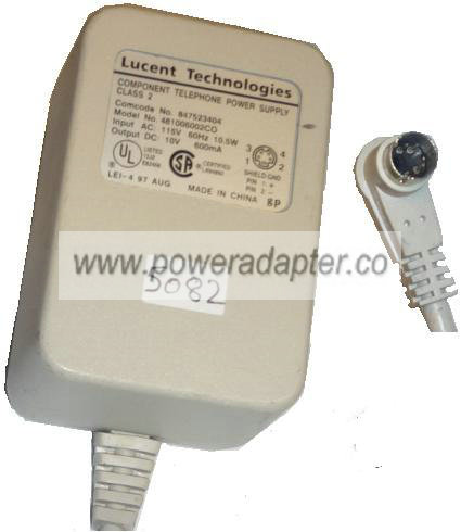 LUCENT 481006002CO AC ADAPTER 10V 600mA 5 MINI PIN DIN COMPONENT - Click Image to Close