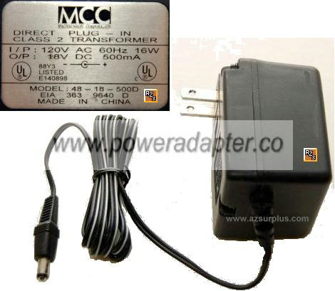MCC 48-18-500D AC Adapter 18VDC 500mA 0.5A 2x5.5x10 mm -( )- cen - Click Image to Close
