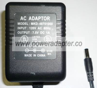 MKD-48751000 AC ADAPTER 7.5VDC 1A POWER SUPPLY - Click Image to Close