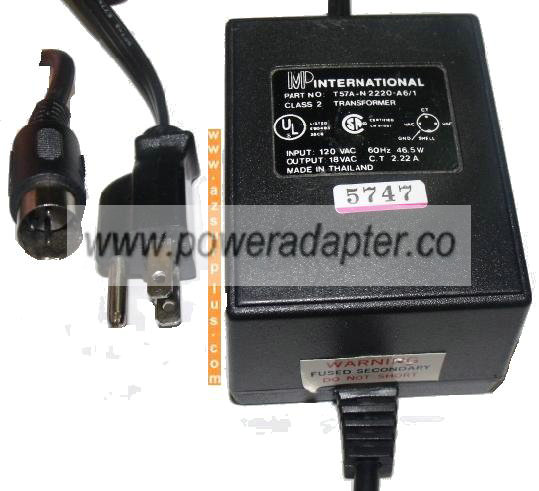MP INTERNATIONAL T57A-N2220-A6/1 AC ADAPTER 18VAC 3 PIN DIN 13mm - Click Image to Close